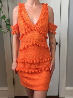 Nasty Gal Orange Crochet Pom-Pom Mini Dress
